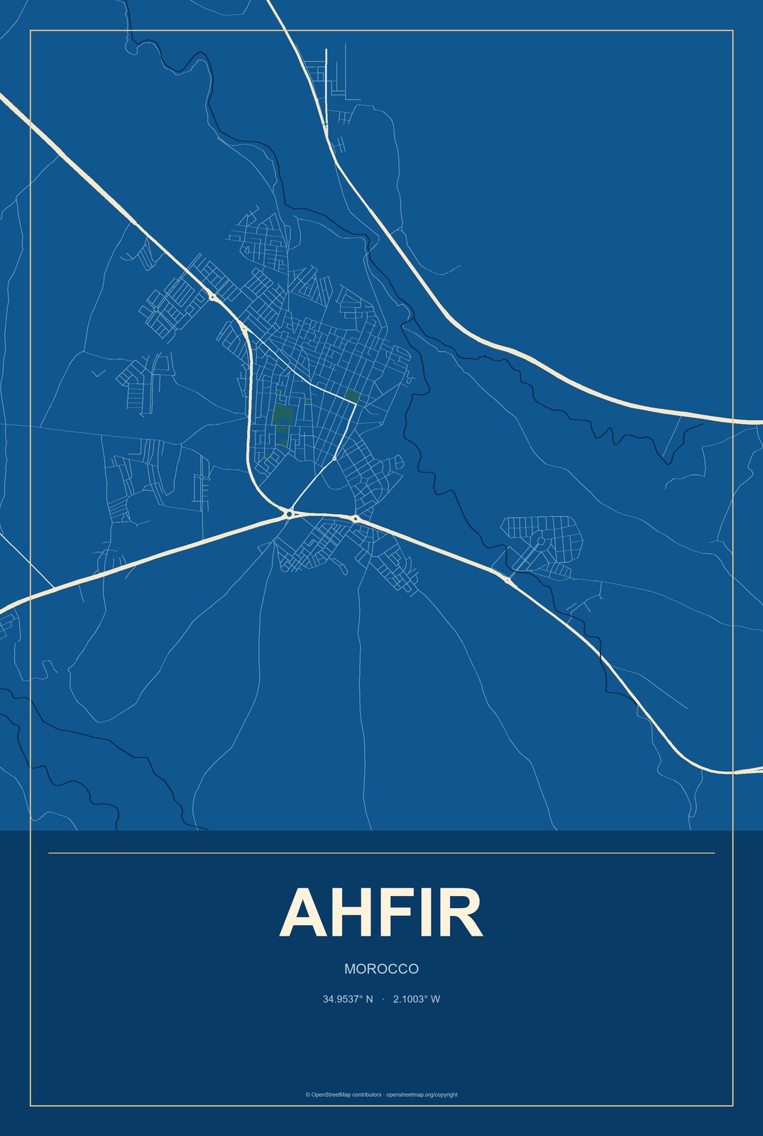 Ahfir, Morocco City Map Aluminum Sign in Harbor Cobalt style