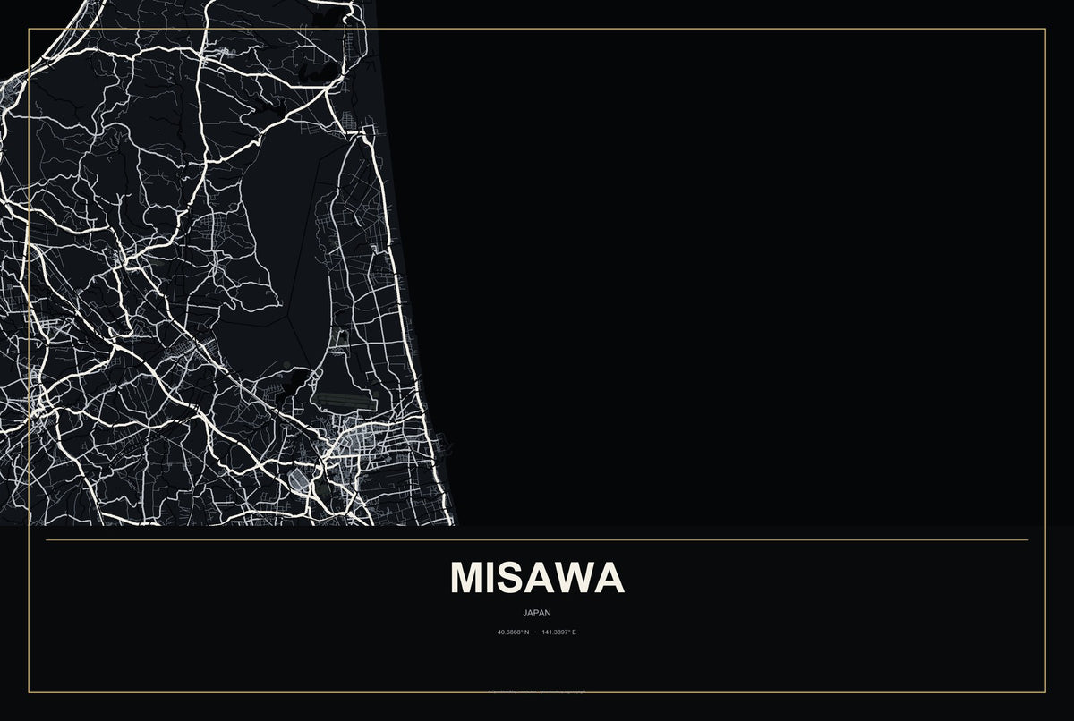 Misawa, Japan City Map Aluminum Sign in Metropolitan Noir style