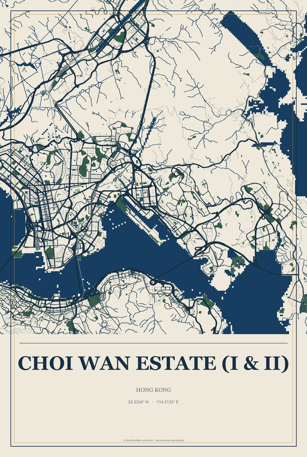 Choi Wan Estate (I & II), Hong Kong City Map Aluminum Sign in Coastal Cutout style
