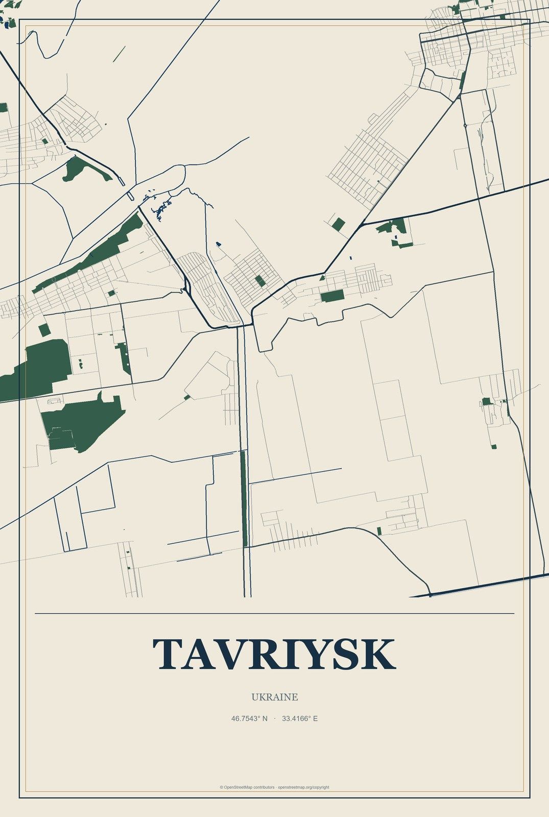Tavriysk, Ukraine City Map Aluminum Sign in Coastal Cutout style