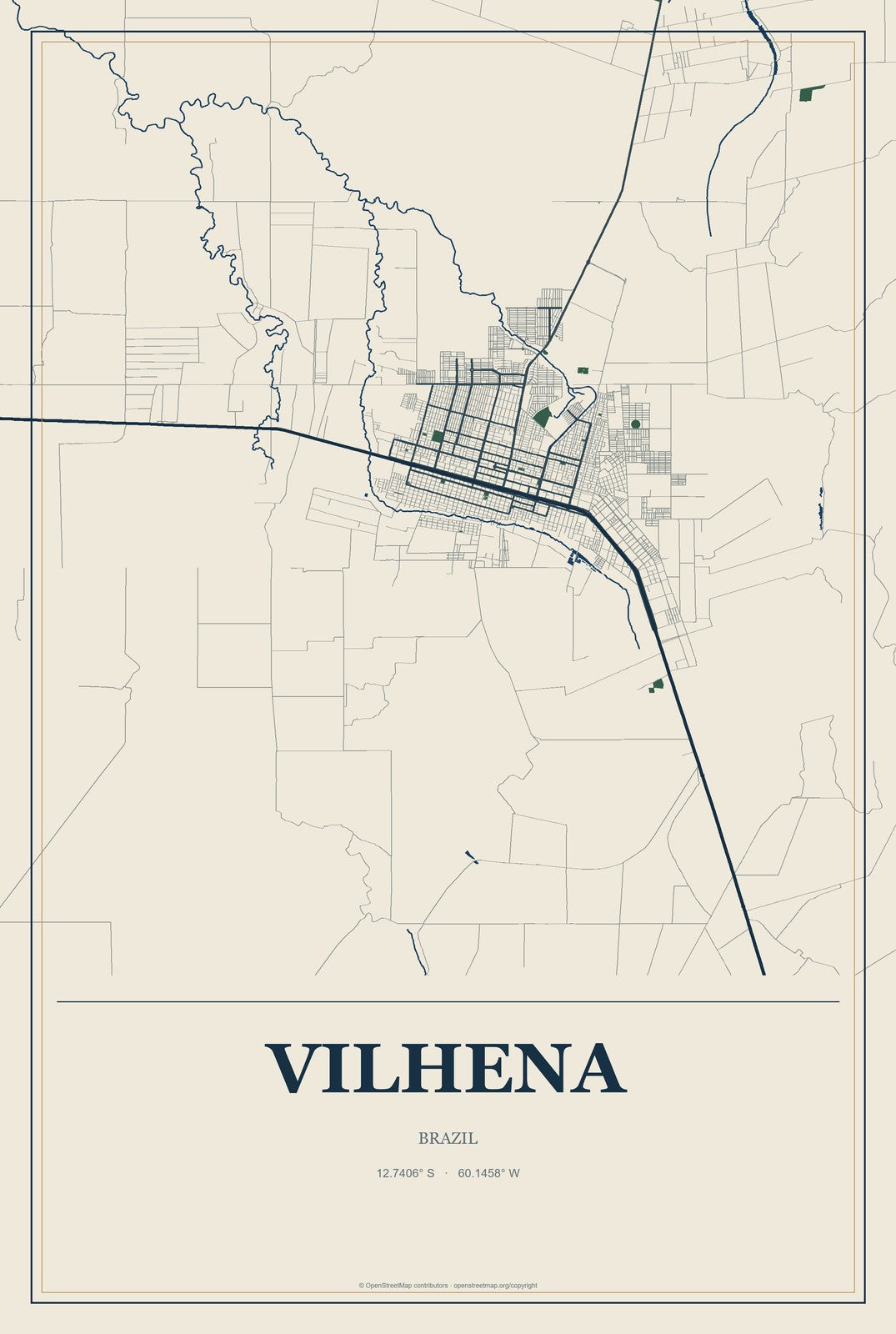 Vilhena, Brazil City Map Aluminum Sign in Coastal Cutout style