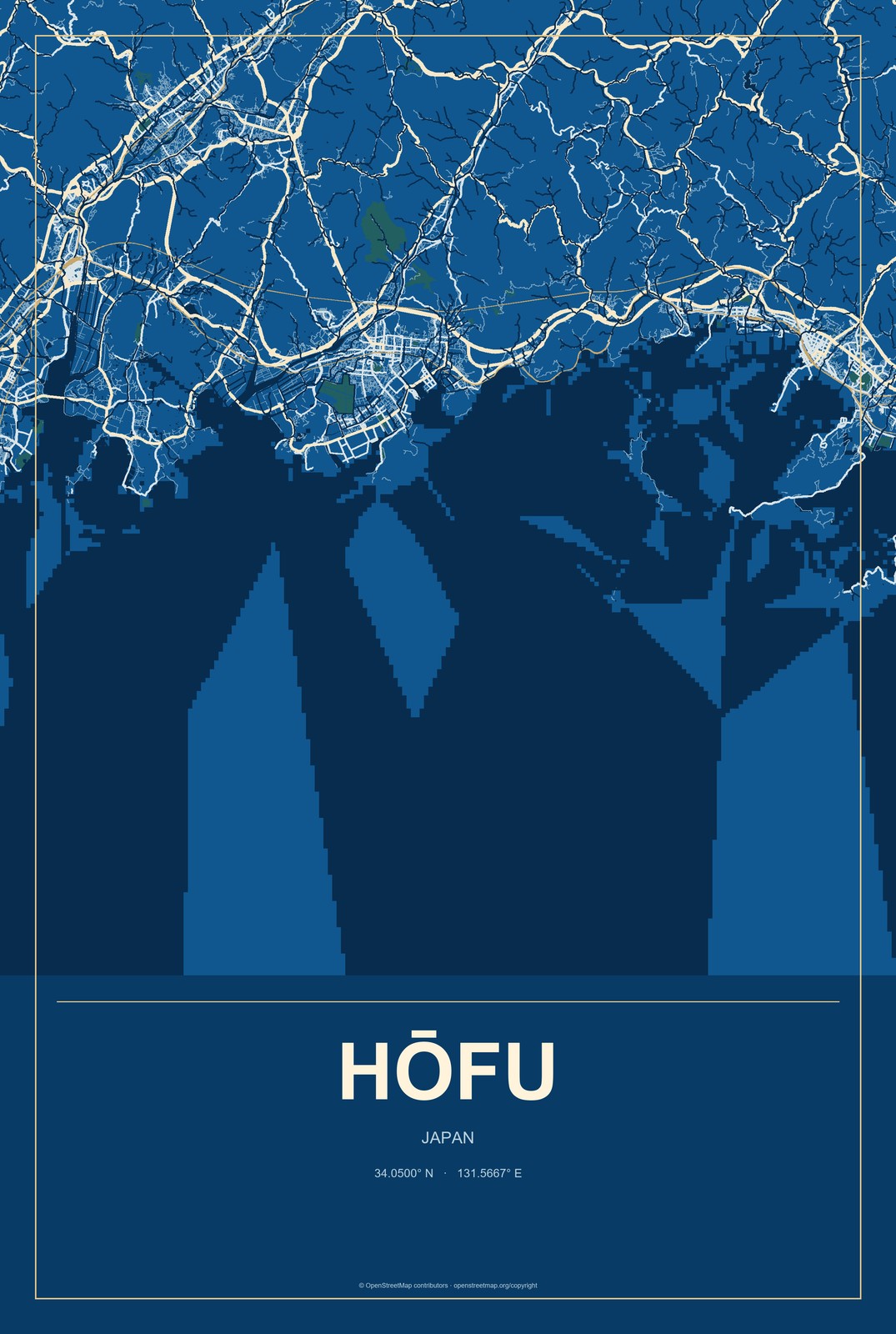 Hōfu, Japan City Map Aluminum Sign in Harbor Cobalt style