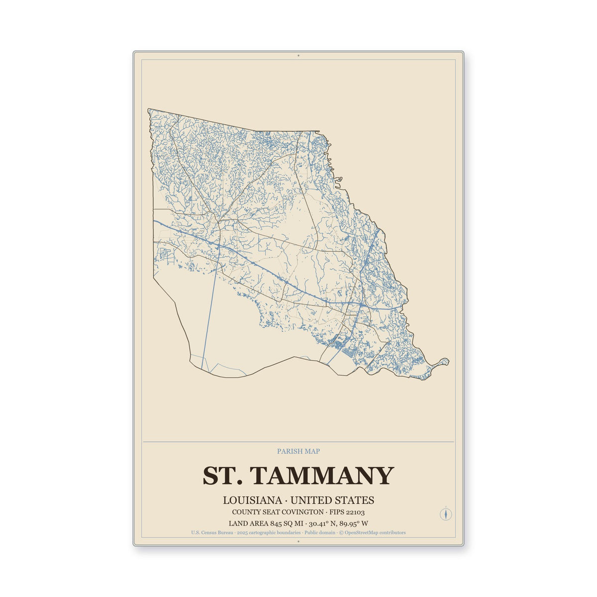 St. Tammany Parish, Louisiana Map Aluminum Sign in Heritage Nautical style