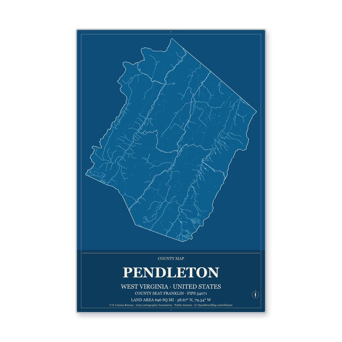 Pendleton County, West Virginia Map Aluminum Sign in Harbor Cobalt style