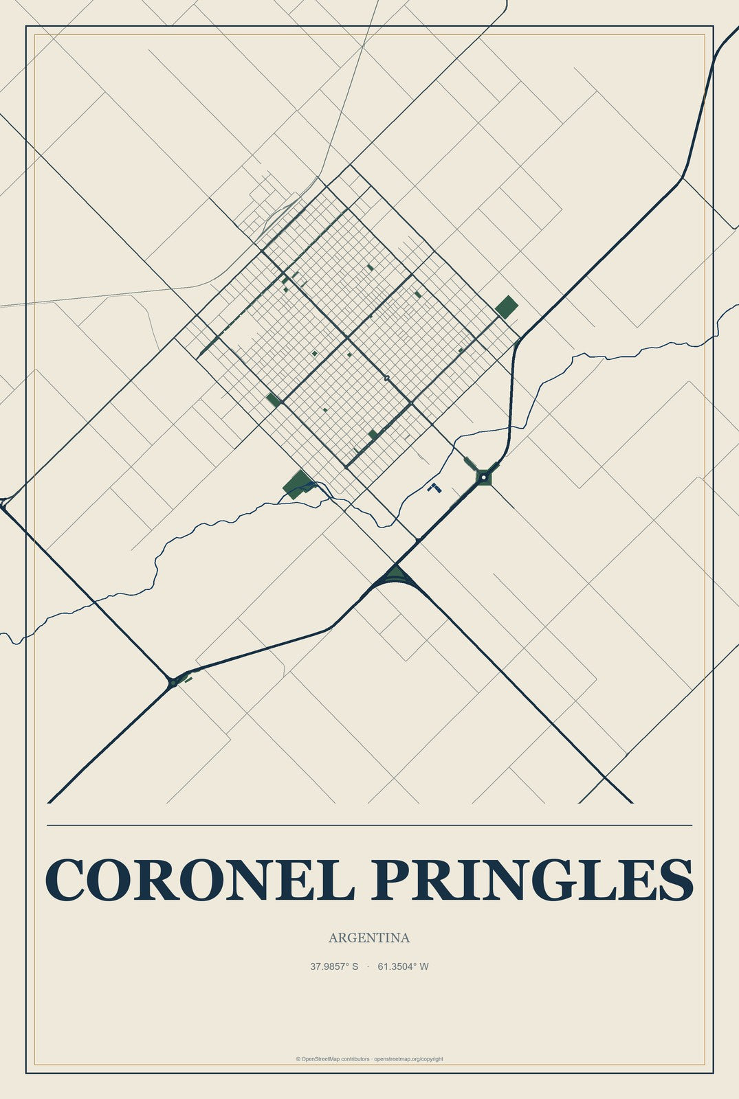 Coronel Pringles, Argentina City Map Aluminum Sign in Coastal Cutout style