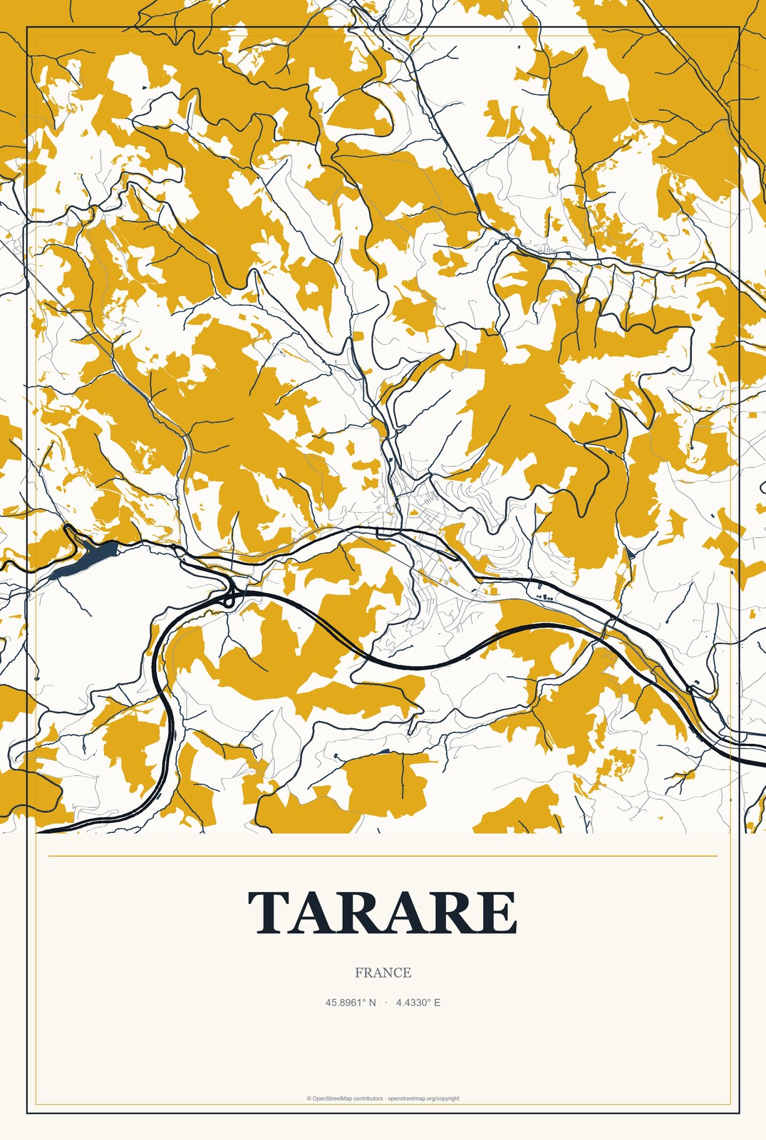 Tarare, France City Map Aluminum Sign in Citrine Modern style