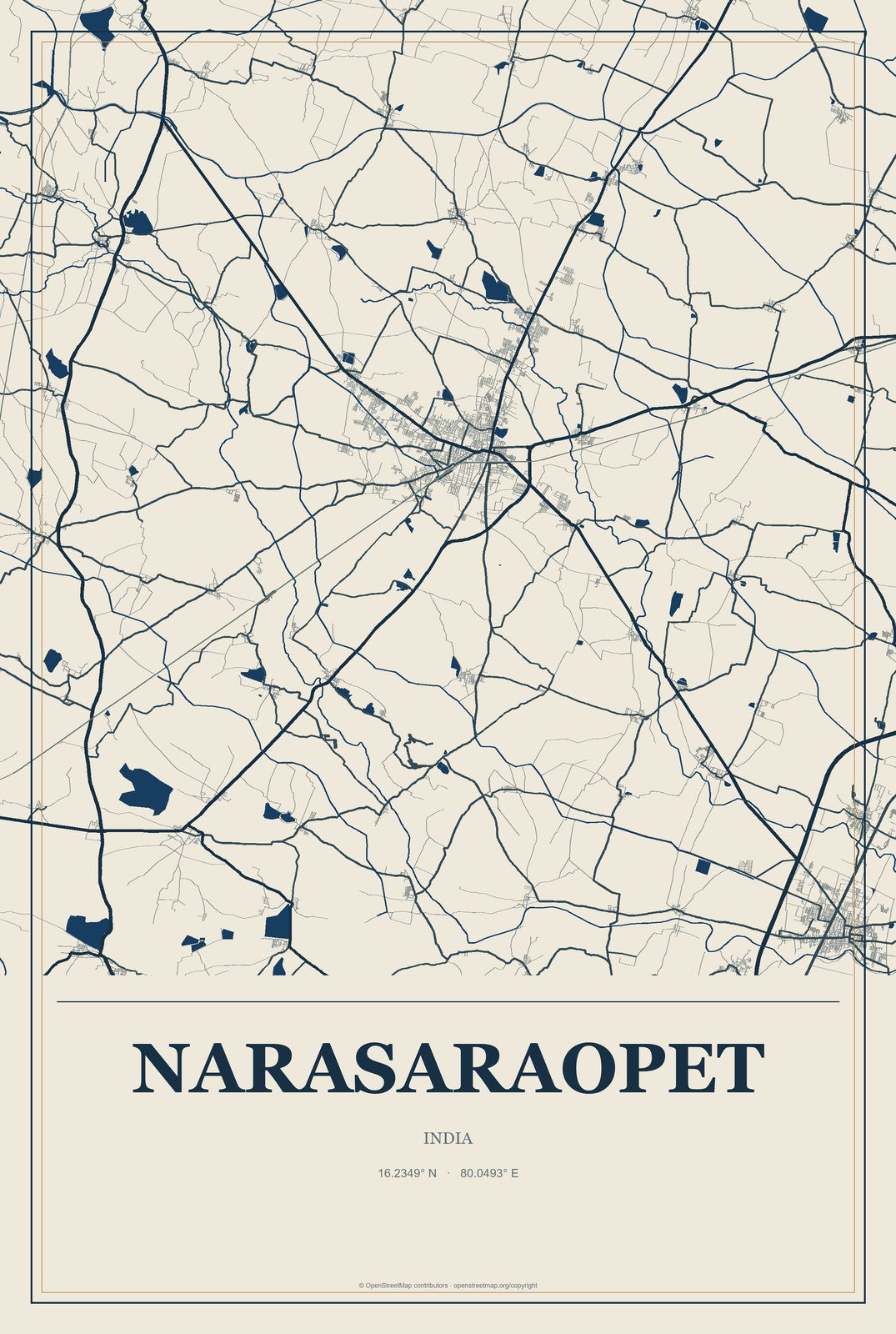 Narasaraopet, India City Map Aluminum Sign in Coastal Cutout style
