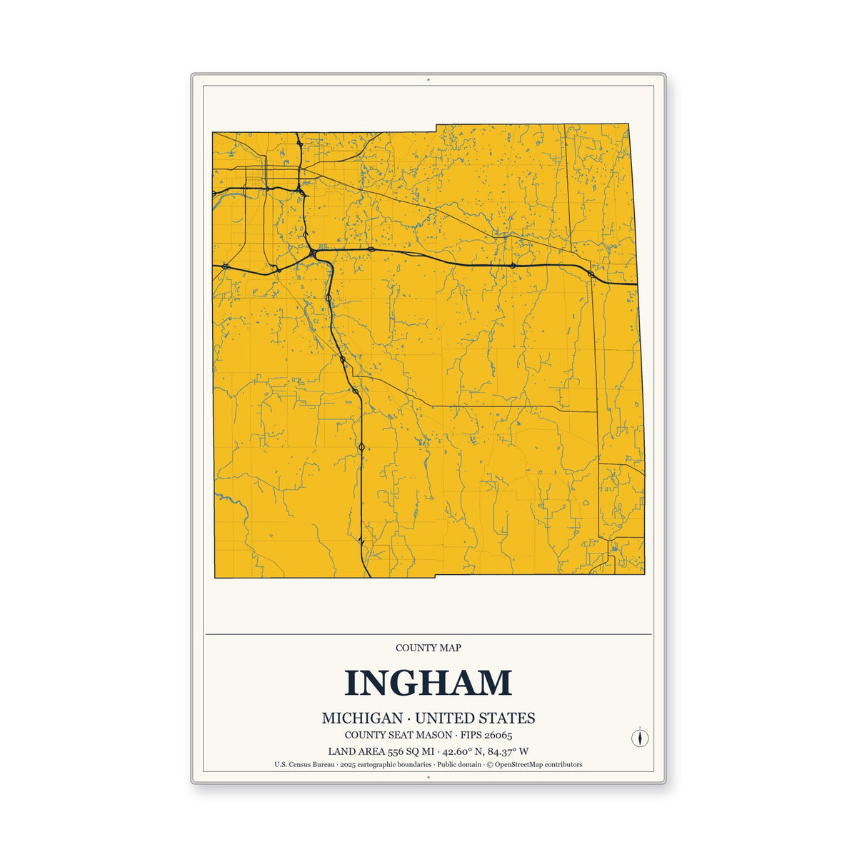 Ingham County, Michigan Map Aluminum Sign in Citrine Modern style