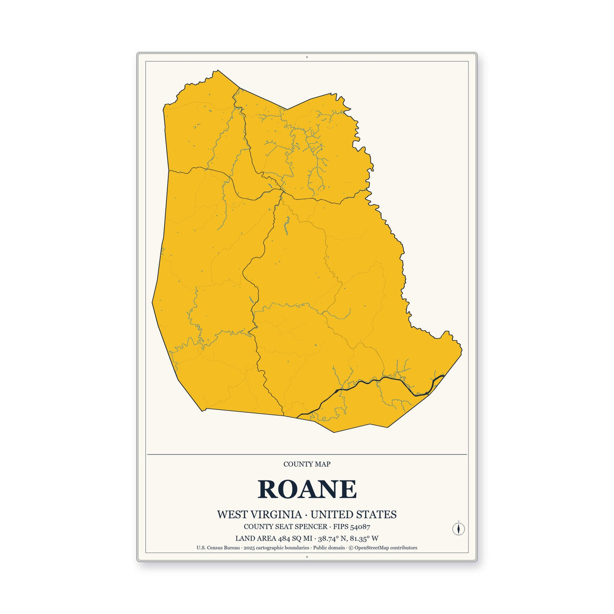 Roane County, West Virginia Map Aluminum Sign in Citrine Modern style