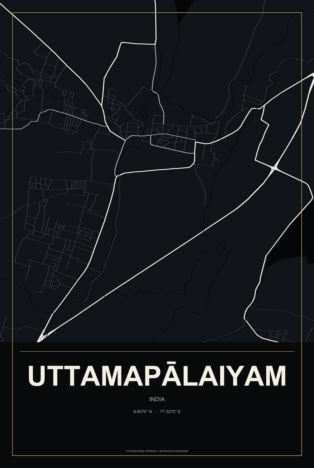 Uttamapālaiyam, India City Map Aluminum Sign in Metropolitan Noir style