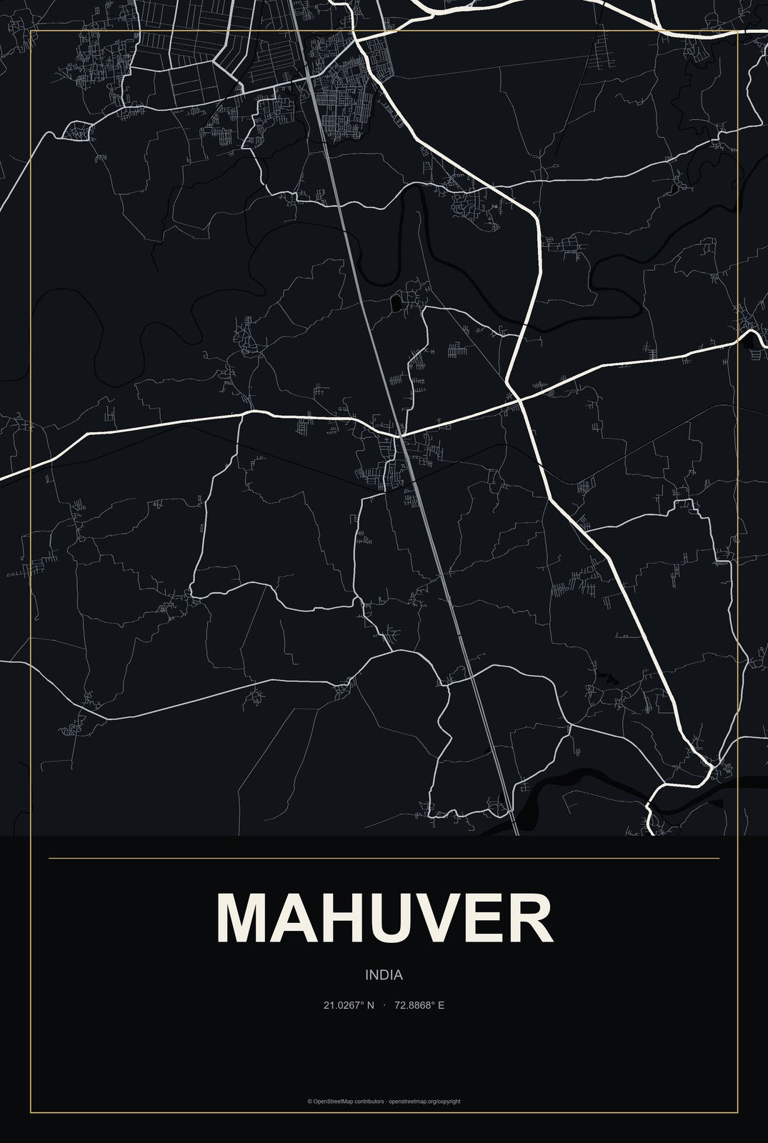 Mahuver, India City Map Aluminum Sign in Metropolitan Noir style
