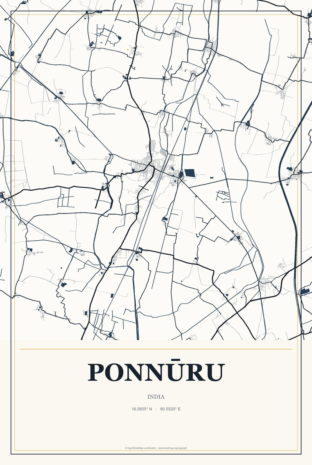 Ponnūru, India City Map Aluminum Sign in Citrine Modern style