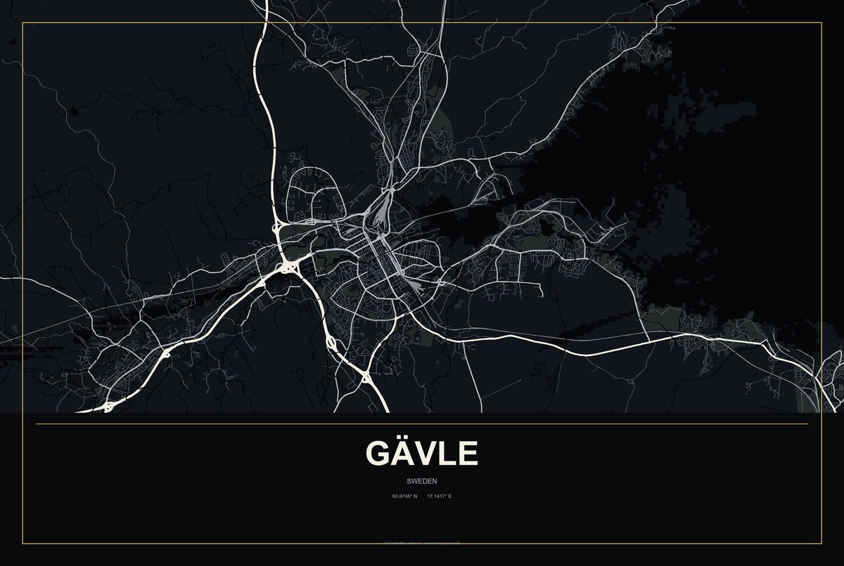 Gävle, Sweden City Map Aluminum Sign in Metropolitan Noir style