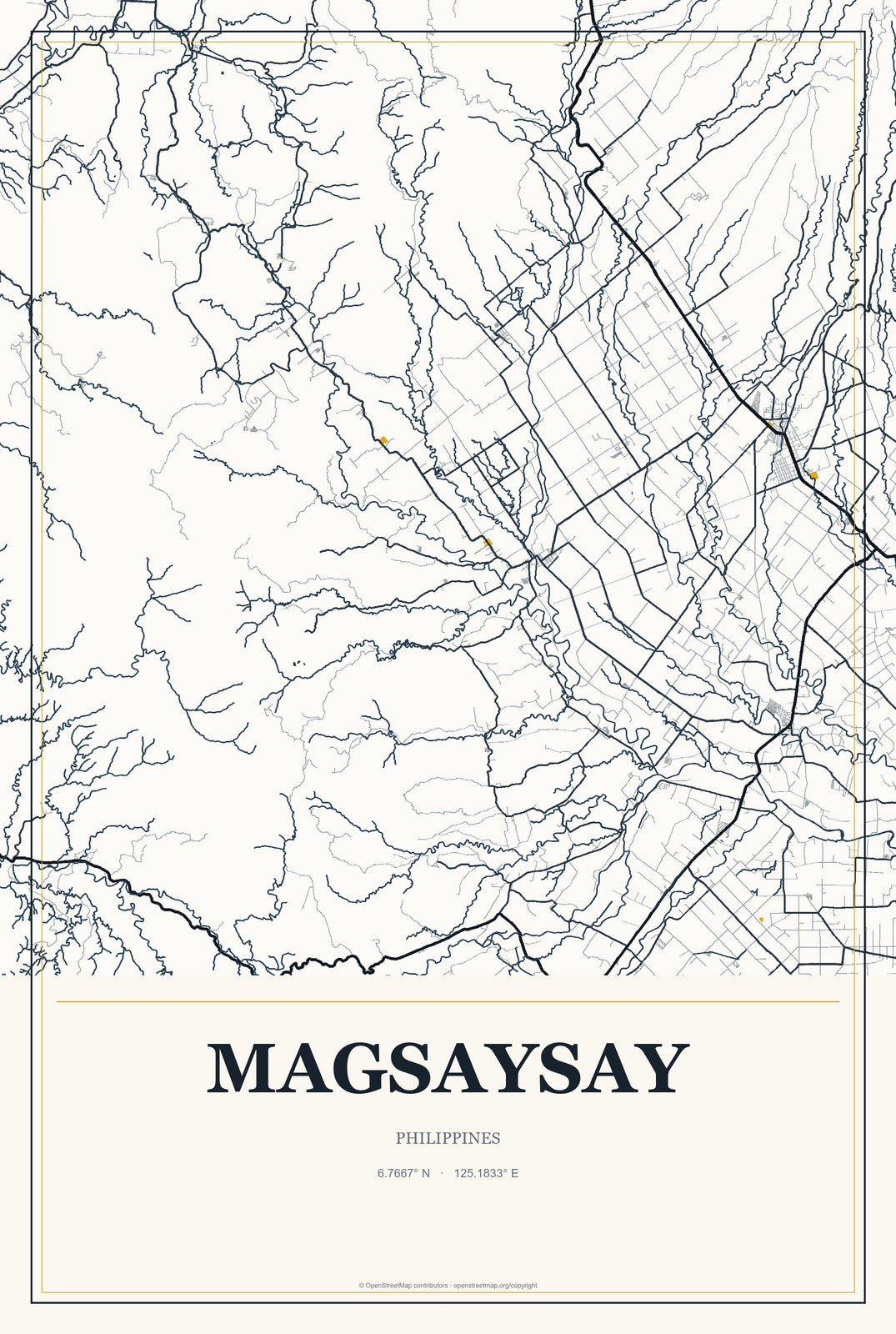 Magsaysay, Davao Region, Philippines City Map Aluminum Sign in Citrine Modern style