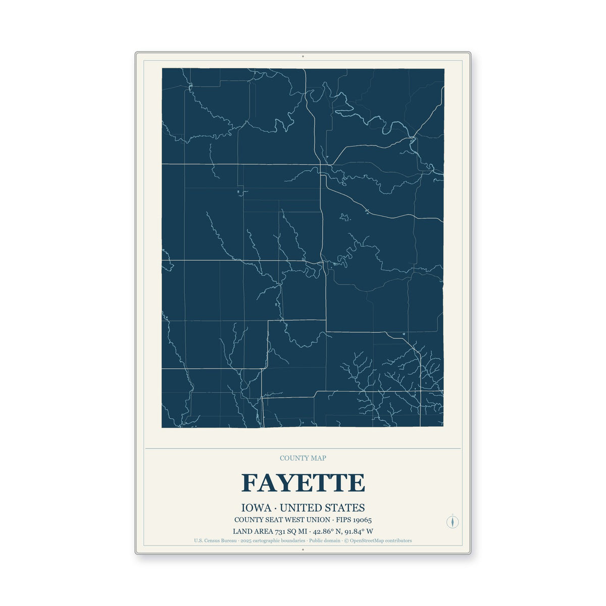 Fayette County, Iowa Map Aluminum Sign in Coastal Cutout style