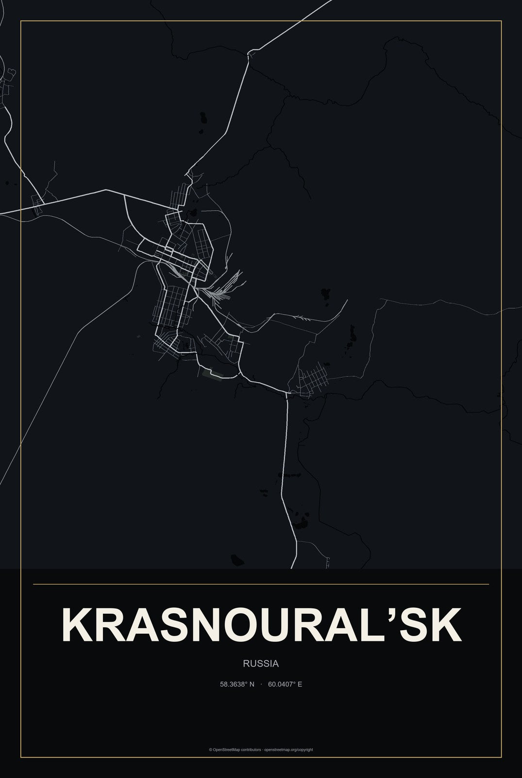 Krasnoural’sk, Russia City Map Aluminum Sign in Metropolitan Noir style