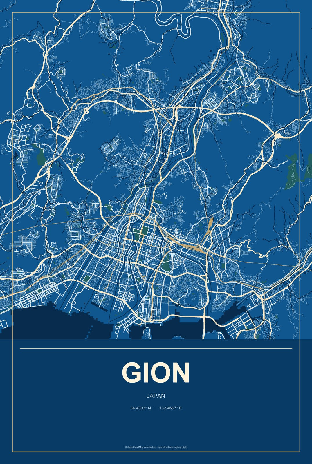 Gion, Japan City Map Aluminum Sign in Harbor Cobalt style