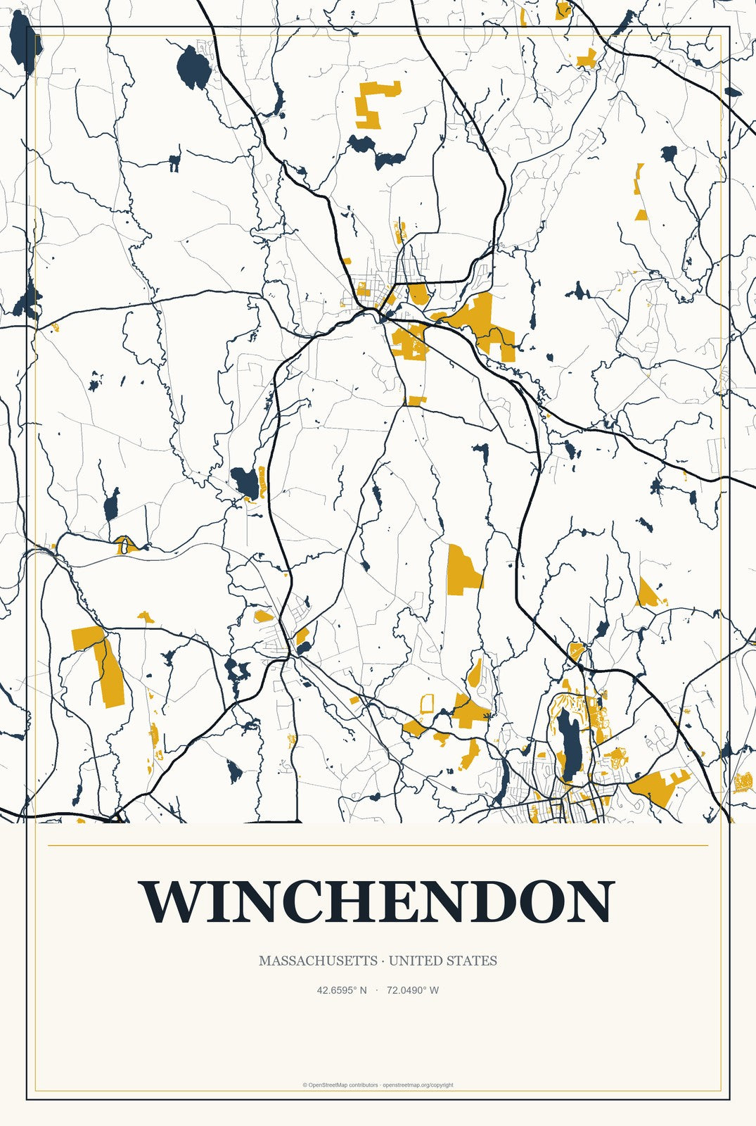 Winchendon, Massachusetts City Map Aluminum Sign in Citrine Modern style
