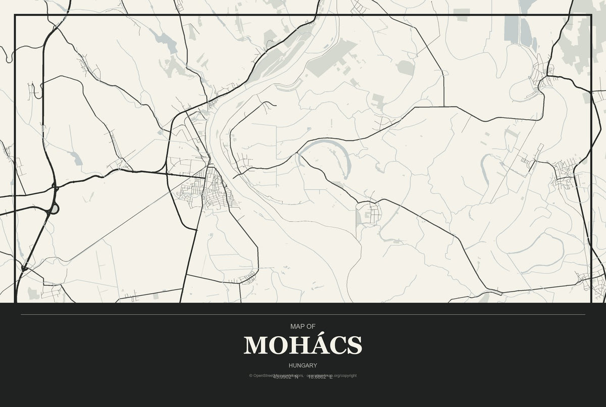 Mohács, Hungary City Map Aluminum Sign in Museum Plaque style