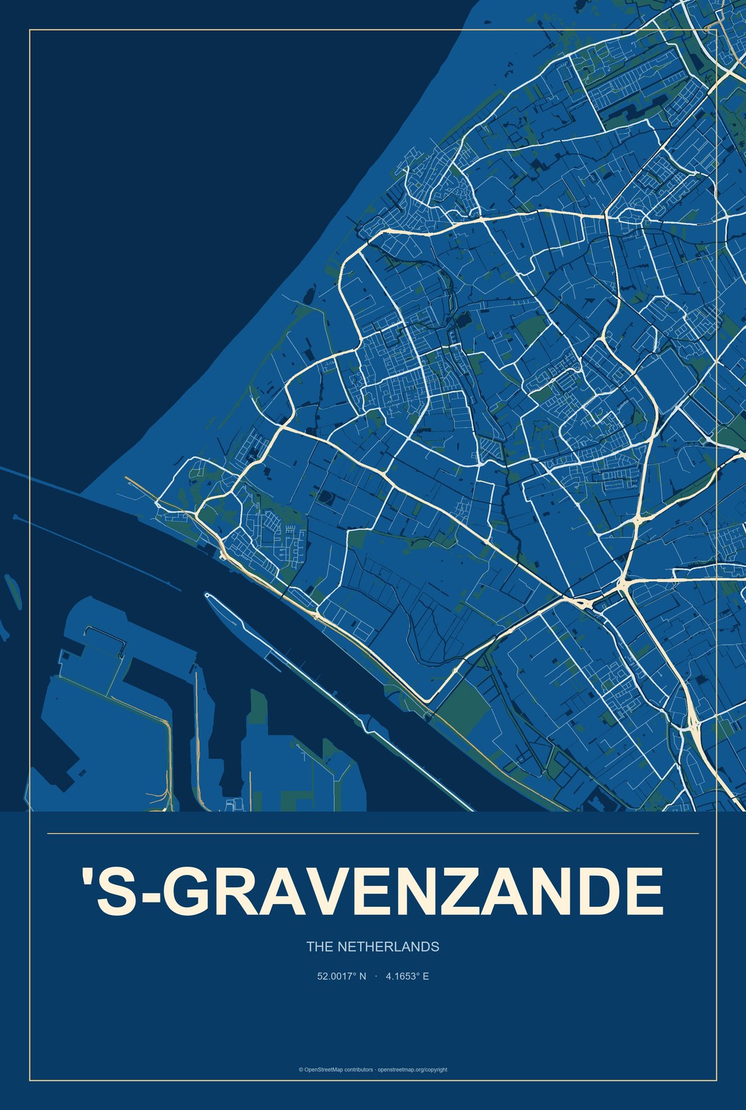 's-Gravenzande, The Netherlands City Map Aluminum Sign in Harbor Cobalt style
