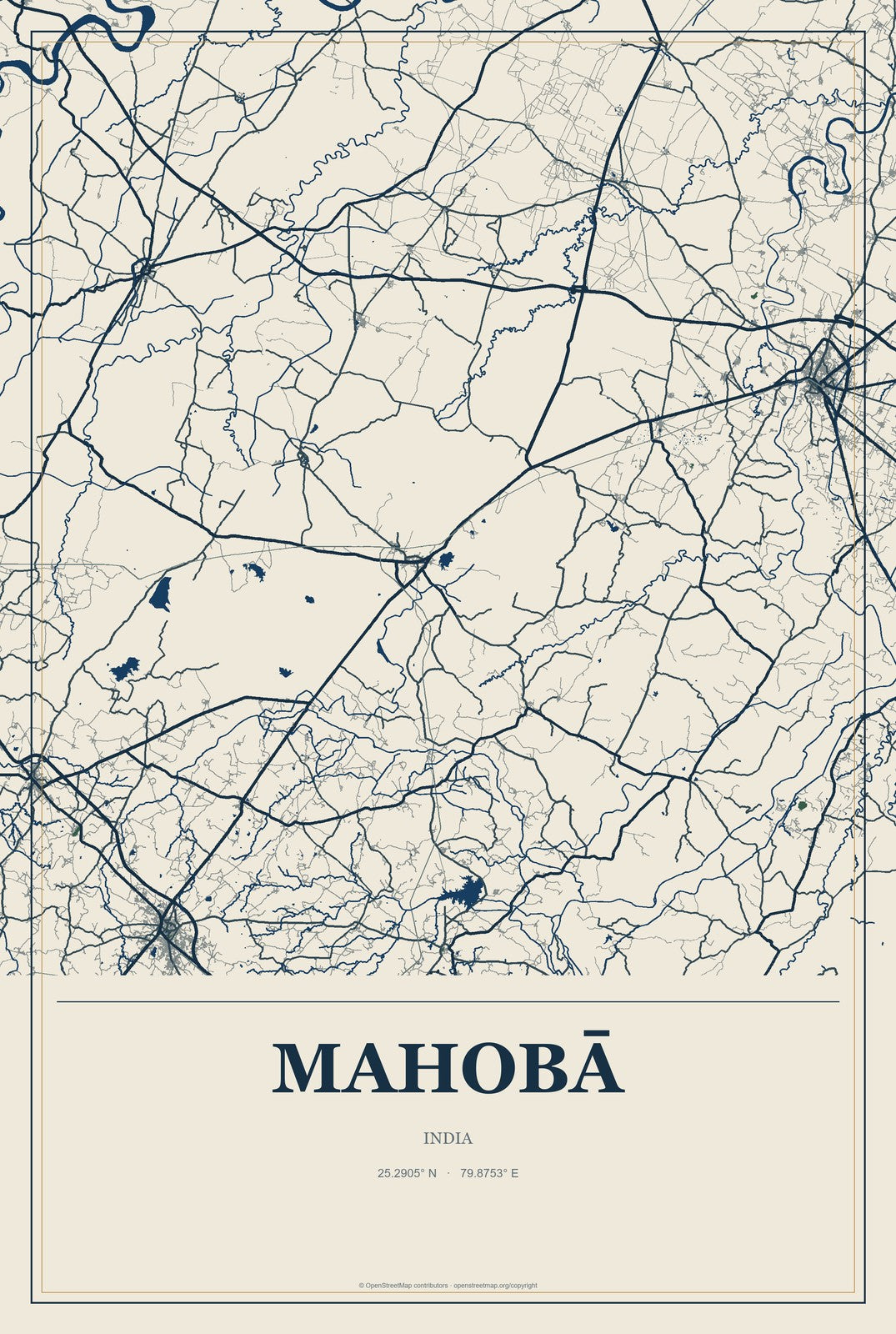 Mahobā, India City Map Aluminum Sign in Coastal Cutout style