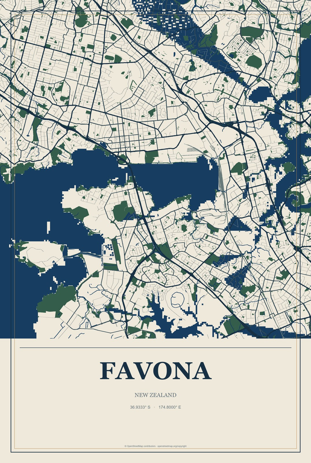 Favona, New Zealand City Map Aluminum Sign in Coastal Cutout style
