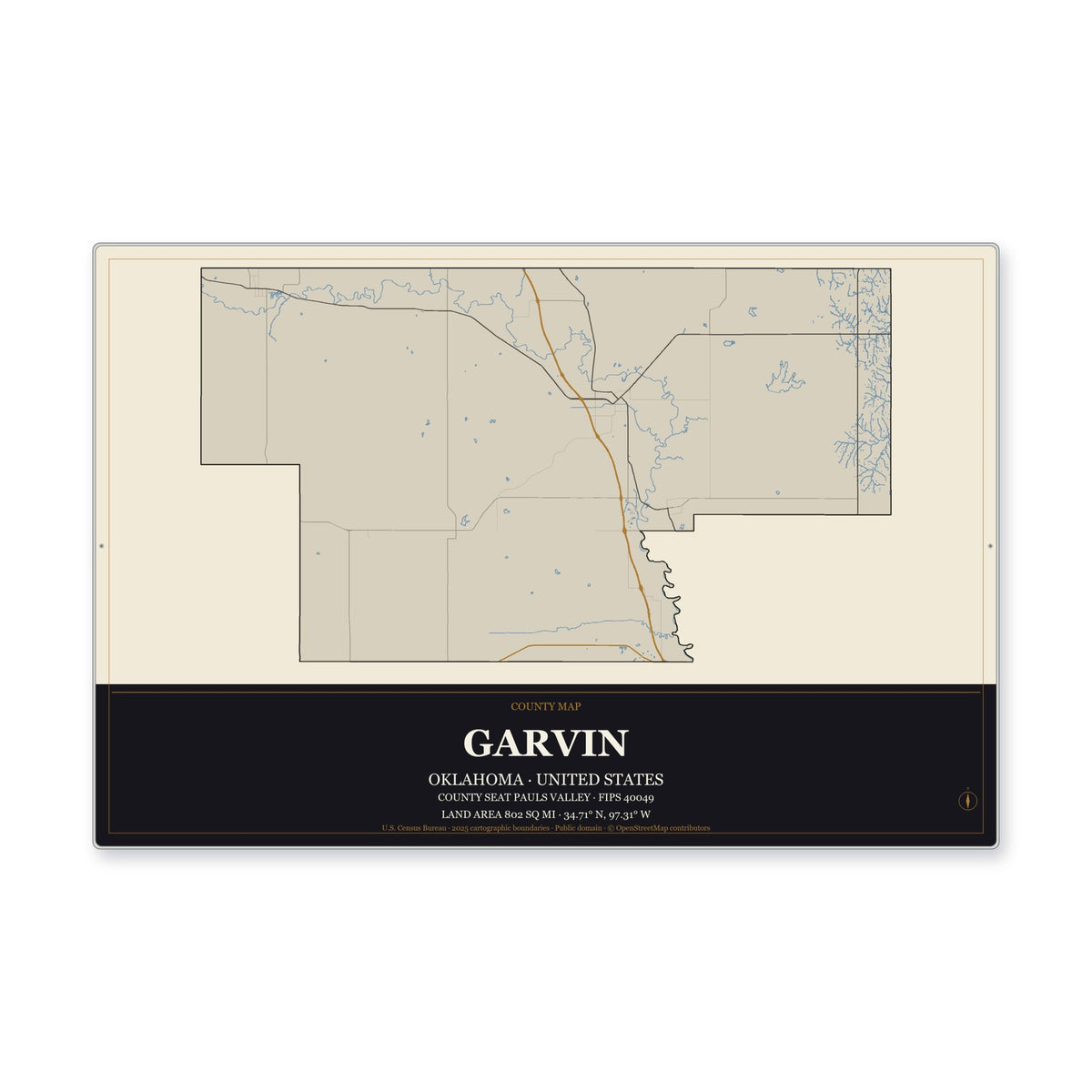 Garvin County, Oklahoma Map Aluminum Sign in Museum Plaque style