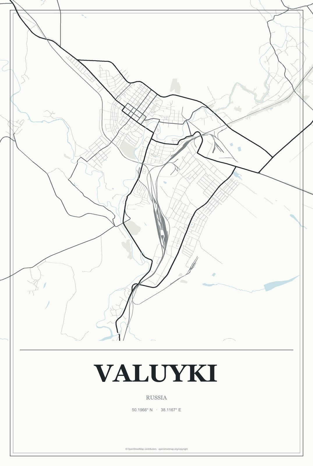 Valuyki, Russia City Map Aluminum Sign in Gallery Air style