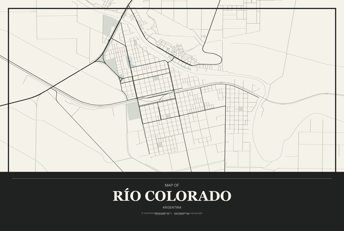 Río Colorado, Argentina City Map Aluminum Sign in Museum Plaque style