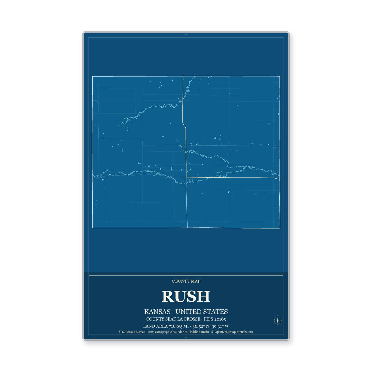 Rush County, Kansas Map Aluminum Sign in Harbor Cobalt style
