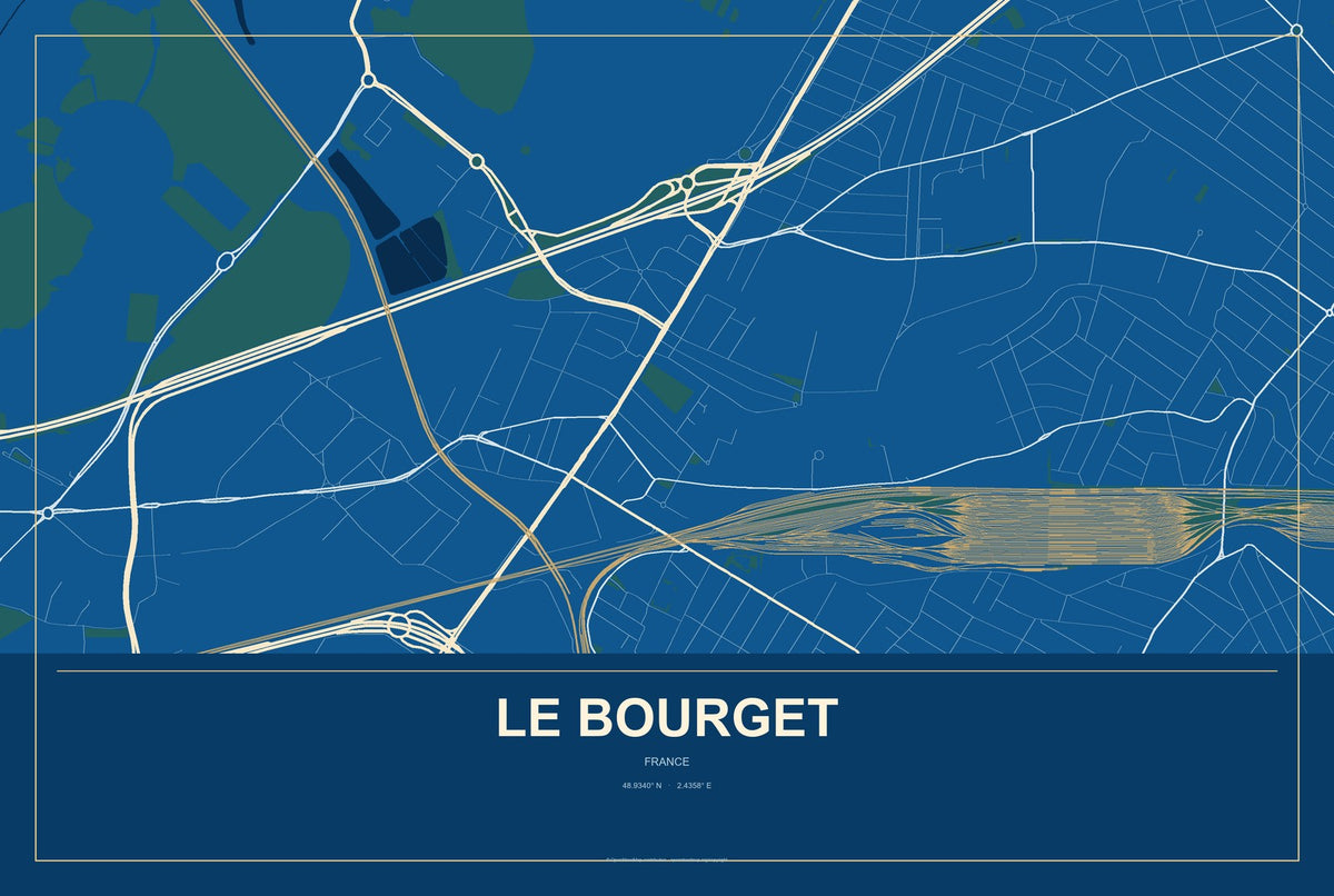 Le Bourget, France City Map Aluminum Sign in Harbor Cobalt style