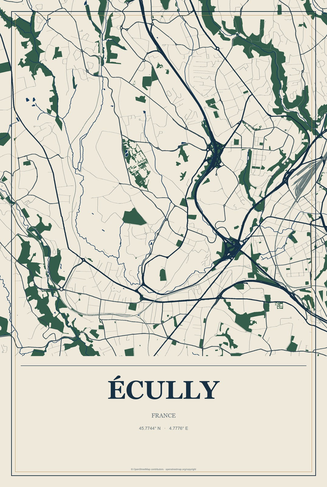 Écully, France City Map Aluminum Sign in Coastal Cutout style