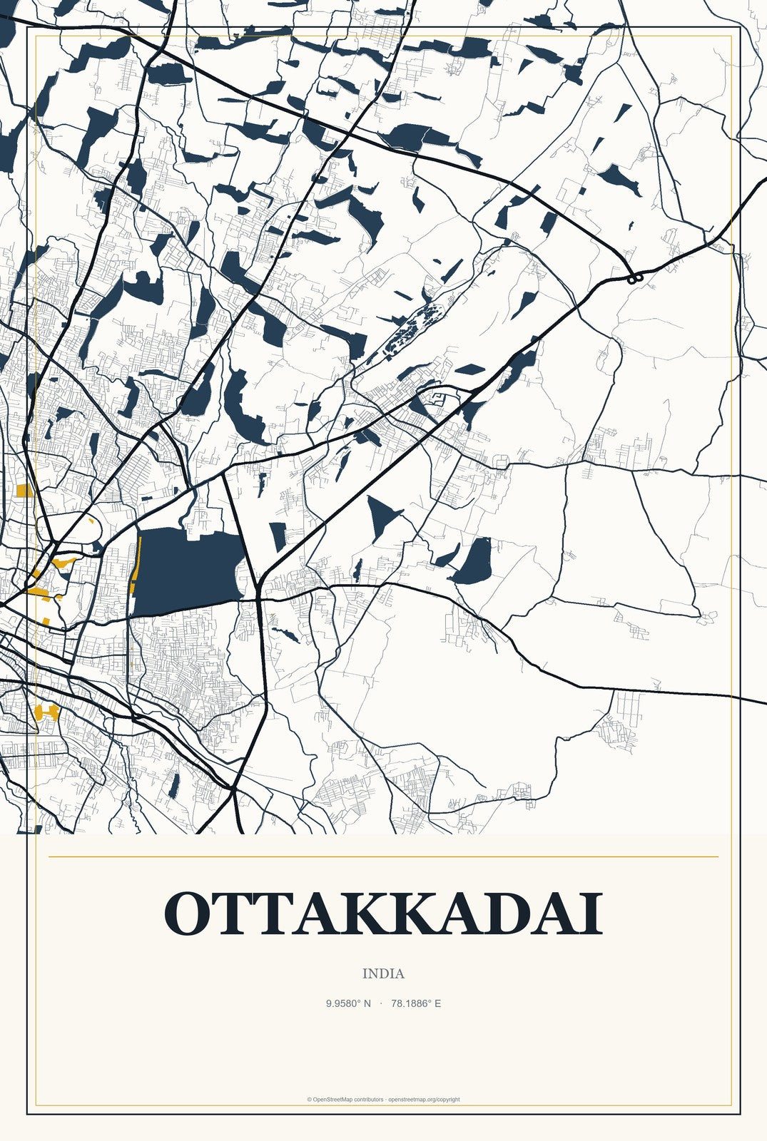 Ottakkadai, India City Map Aluminum Sign in Citrine Modern style