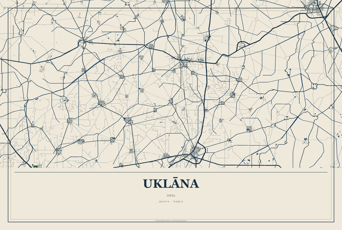 Uklāna, India City Map Aluminum Sign in Coastal Cutout style