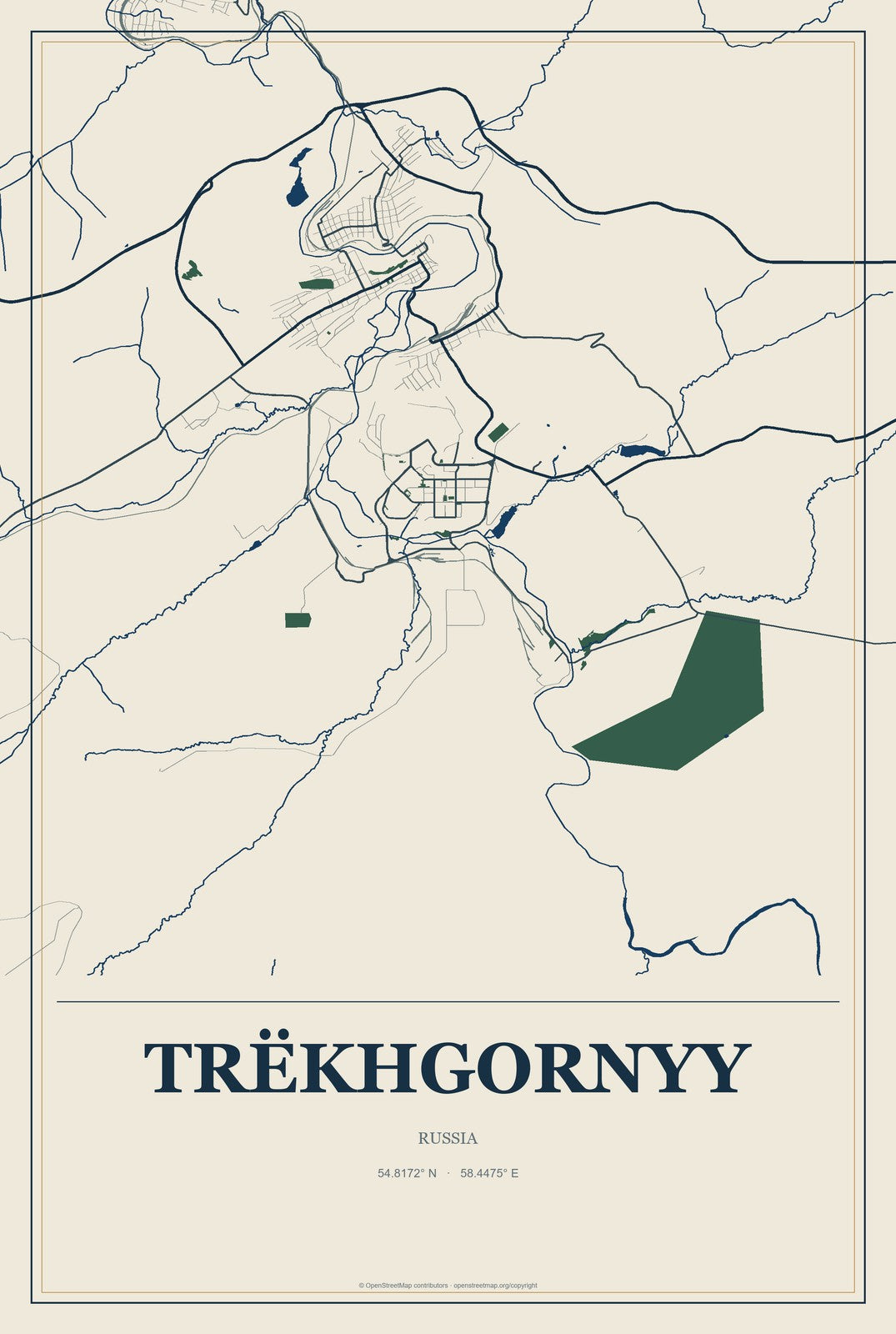 Trëkhgornyy, Russia City Map Aluminum Sign in Coastal Cutout style