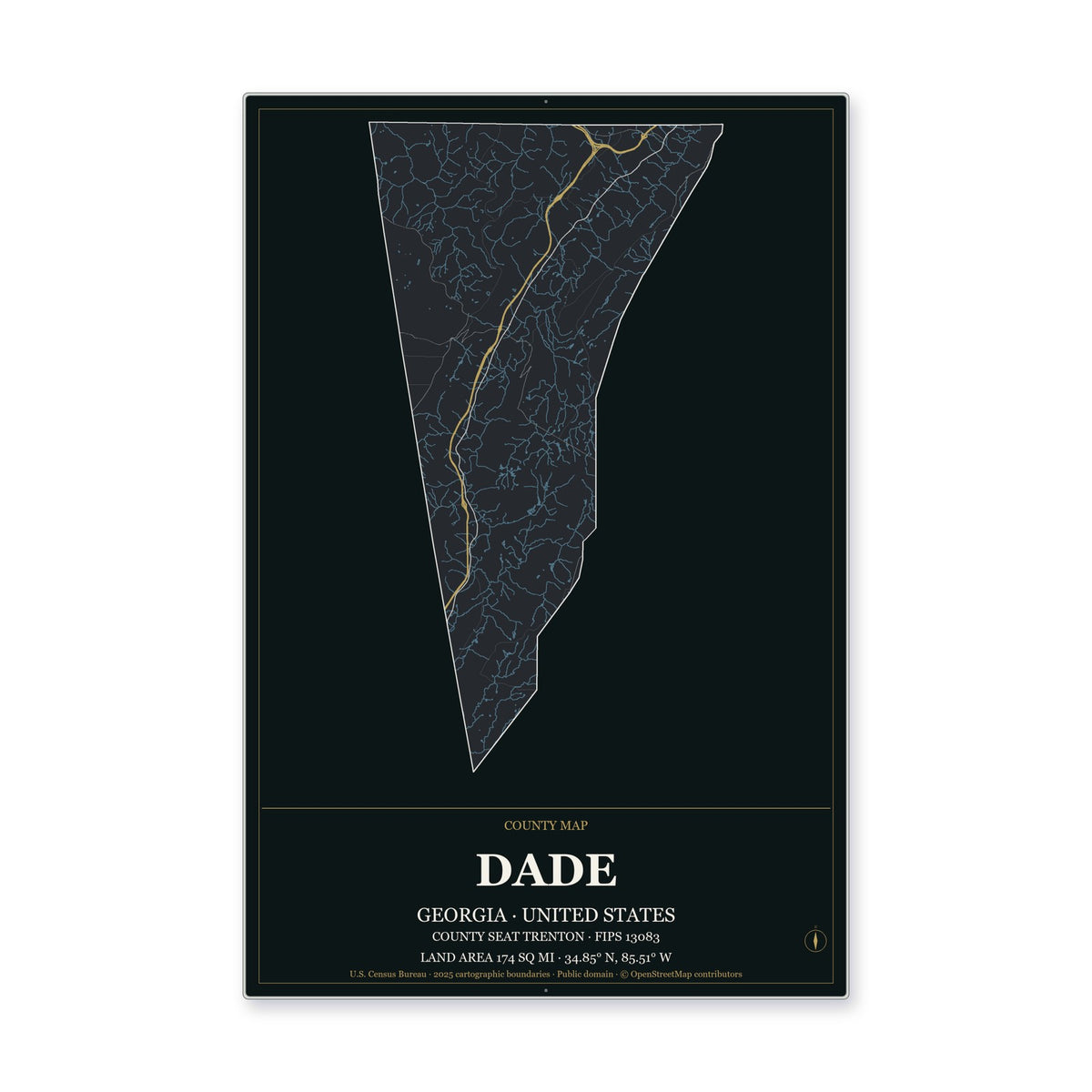 Dade County, Georgia Map Aluminum Sign in Metropolitan Noir style