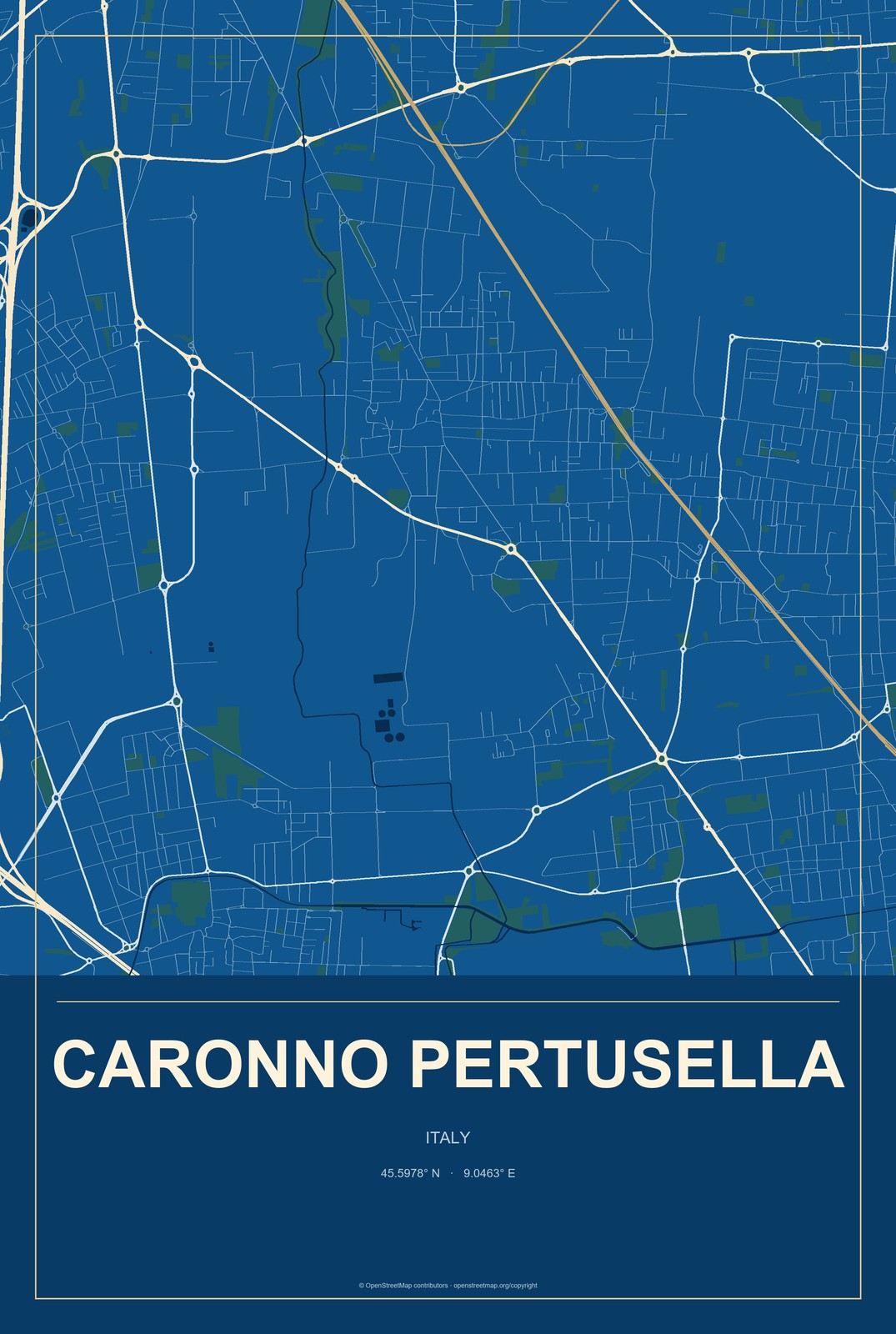 Caronno Pertusella, Italy City Map Aluminum Sign in Harbor Cobalt style