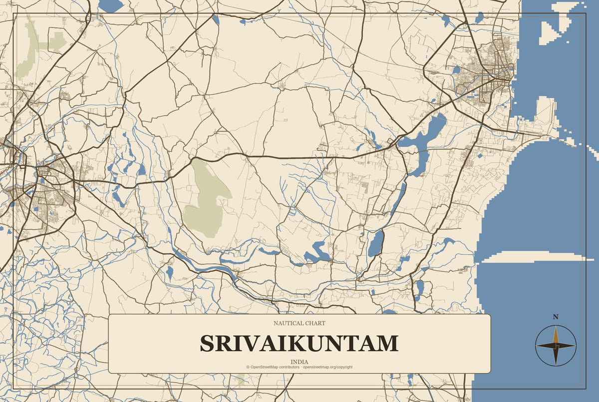 Srivaikuntam, India City Map Aluminum Sign in Heritage Nautical style