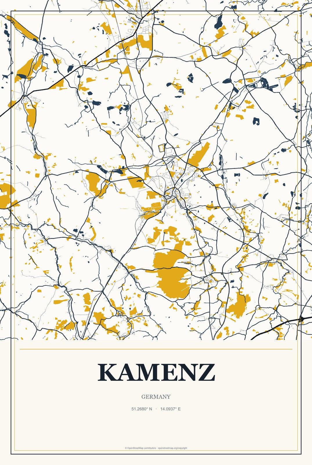 Kamenz, Germany City Map Aluminum Sign in Citrine Modern style