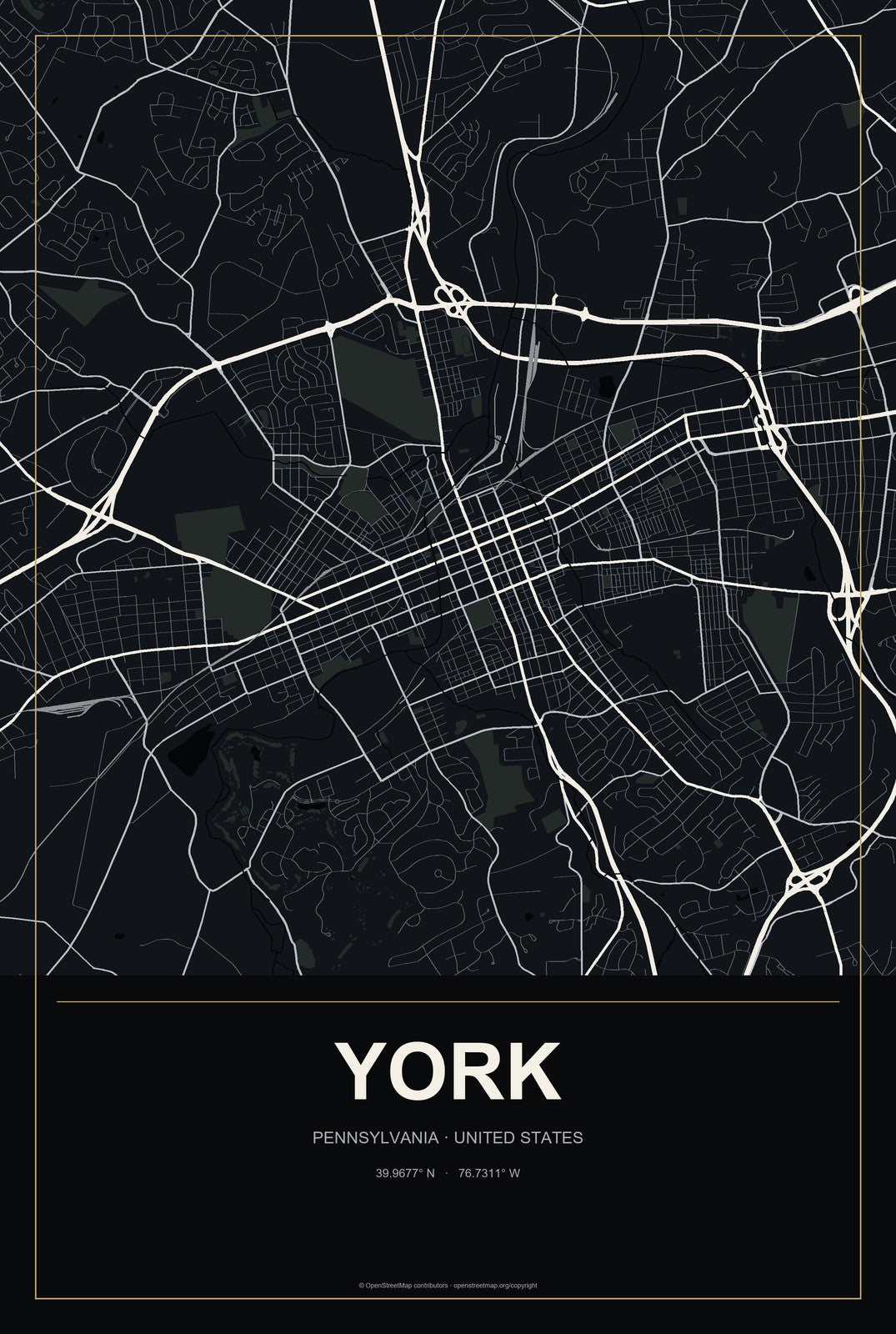 York, Pennsylvania City Map Aluminum Sign in Metropolitan Noir style