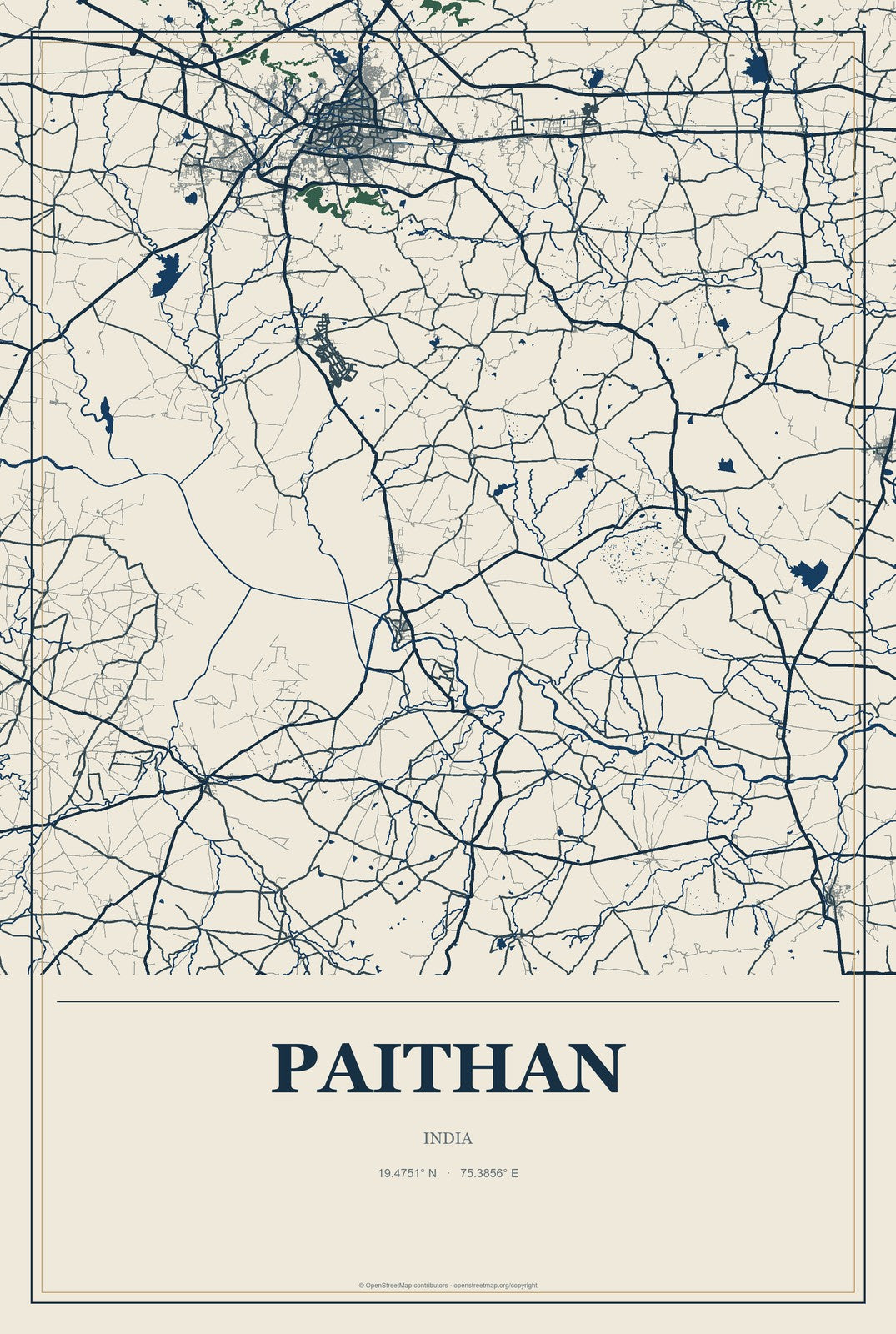 Paithan, India City Map Aluminum Sign in Coastal Cutout style