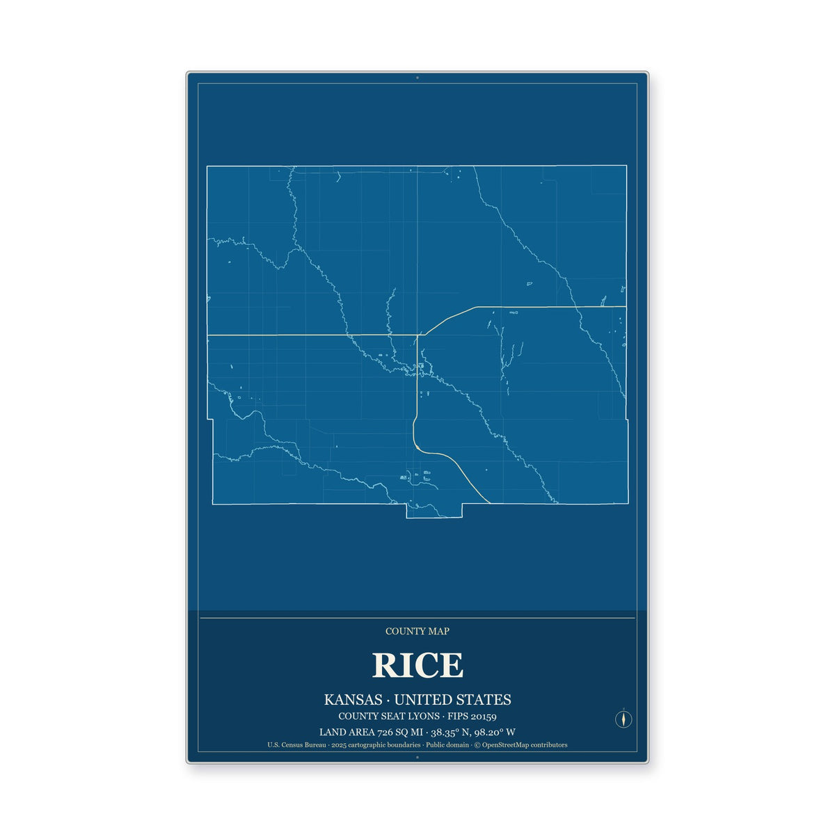 Rice County, Kansas Map Aluminum Sign in Harbor Cobalt style