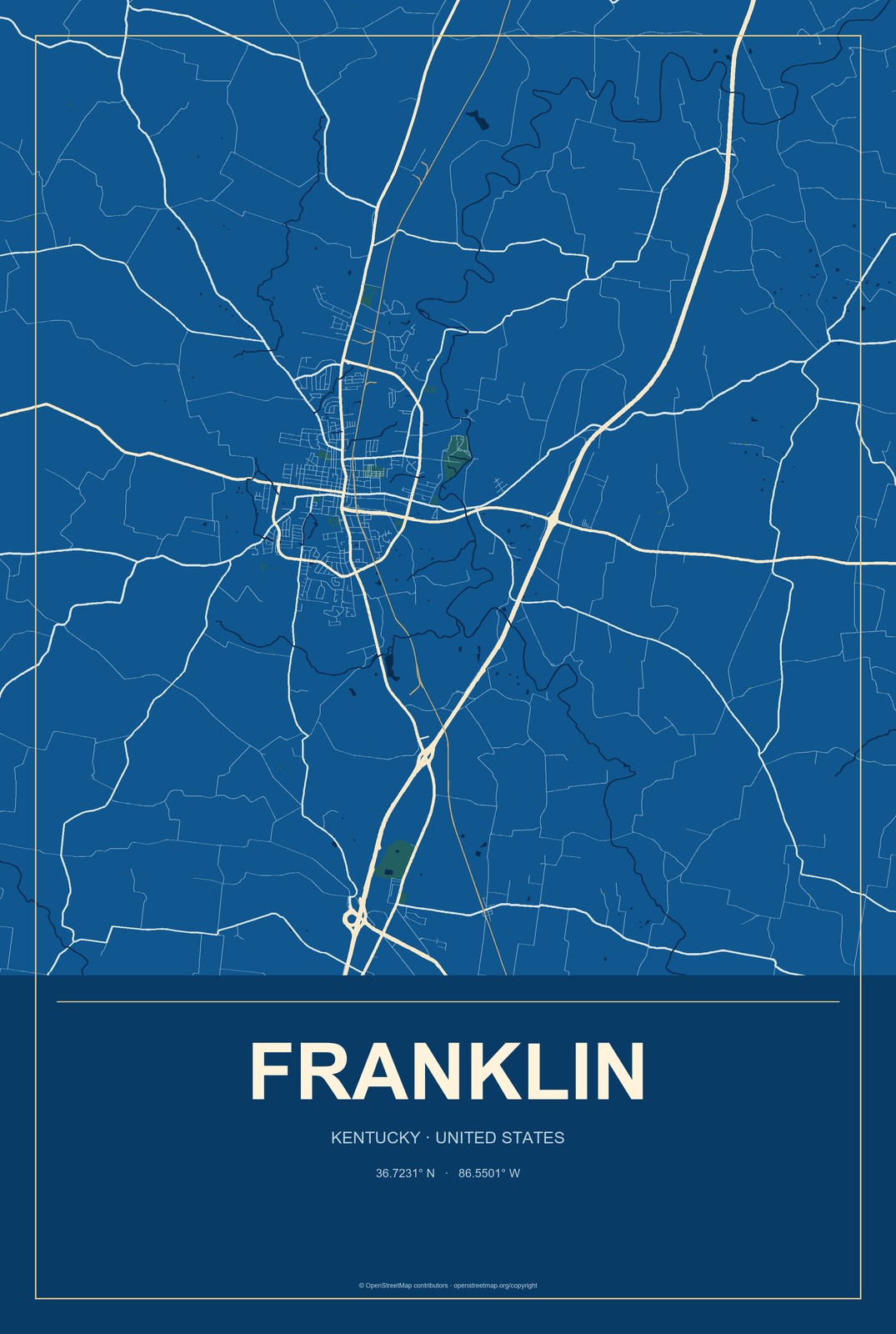 Franklin, Kentucky City Map Aluminum Sign in Harbor Cobalt style