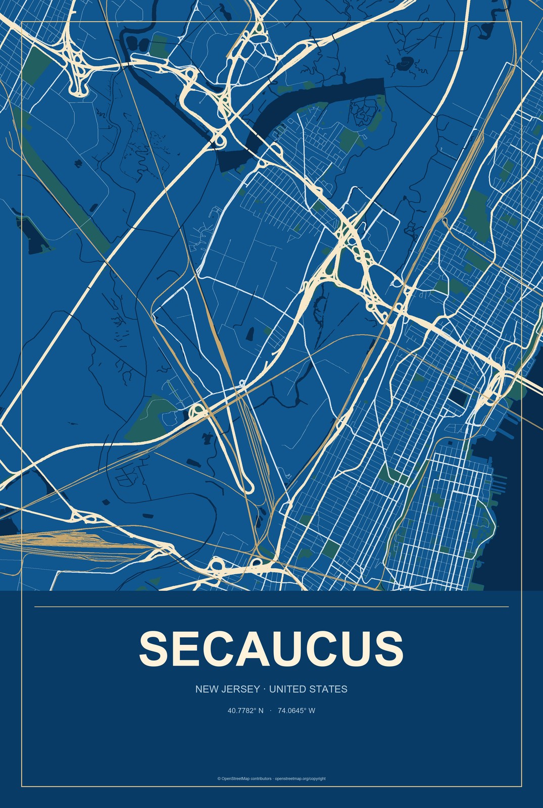 Secaucus, New Jersey City Map Aluminum Sign in Harbor Cobalt style