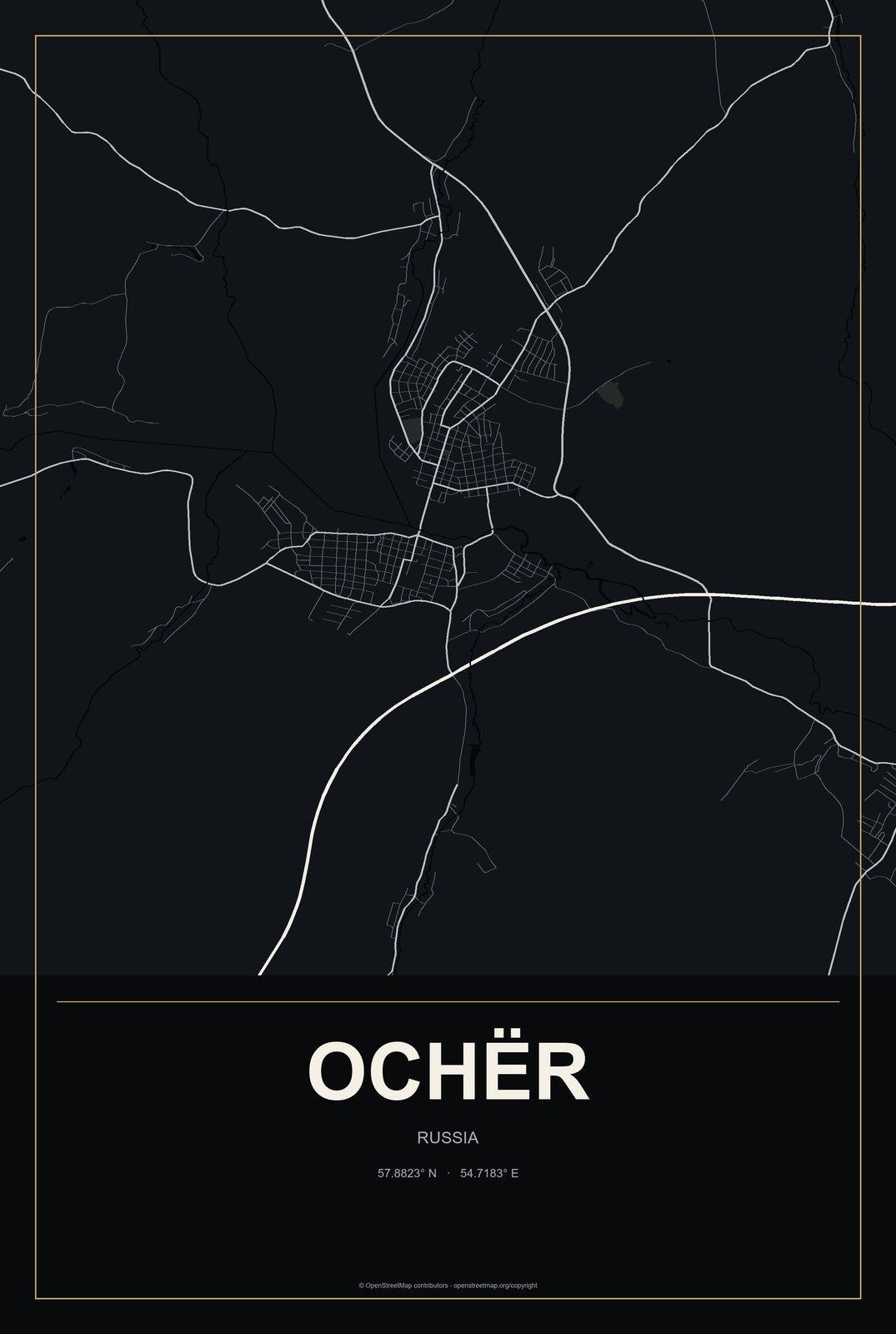 Ochër, Russia City Map Aluminum Sign in Metropolitan Noir style