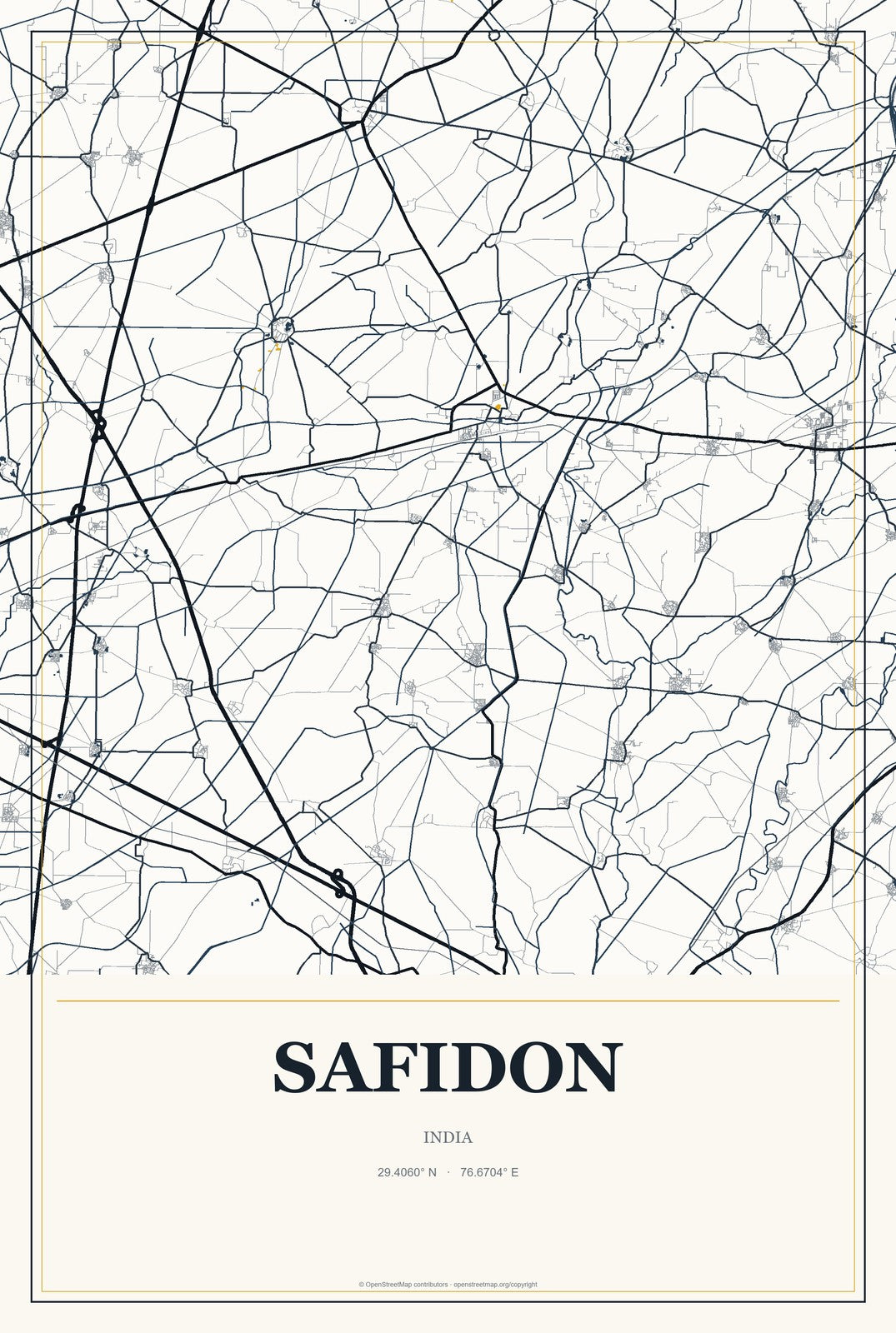 Safidon, India City Map Aluminum Sign in Citrine Modern style