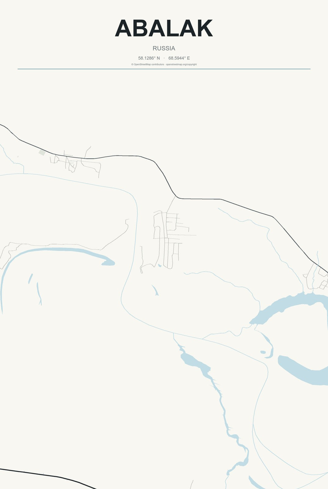 Abalak, Russia City Map Aluminum Sign in Headline Atlas style