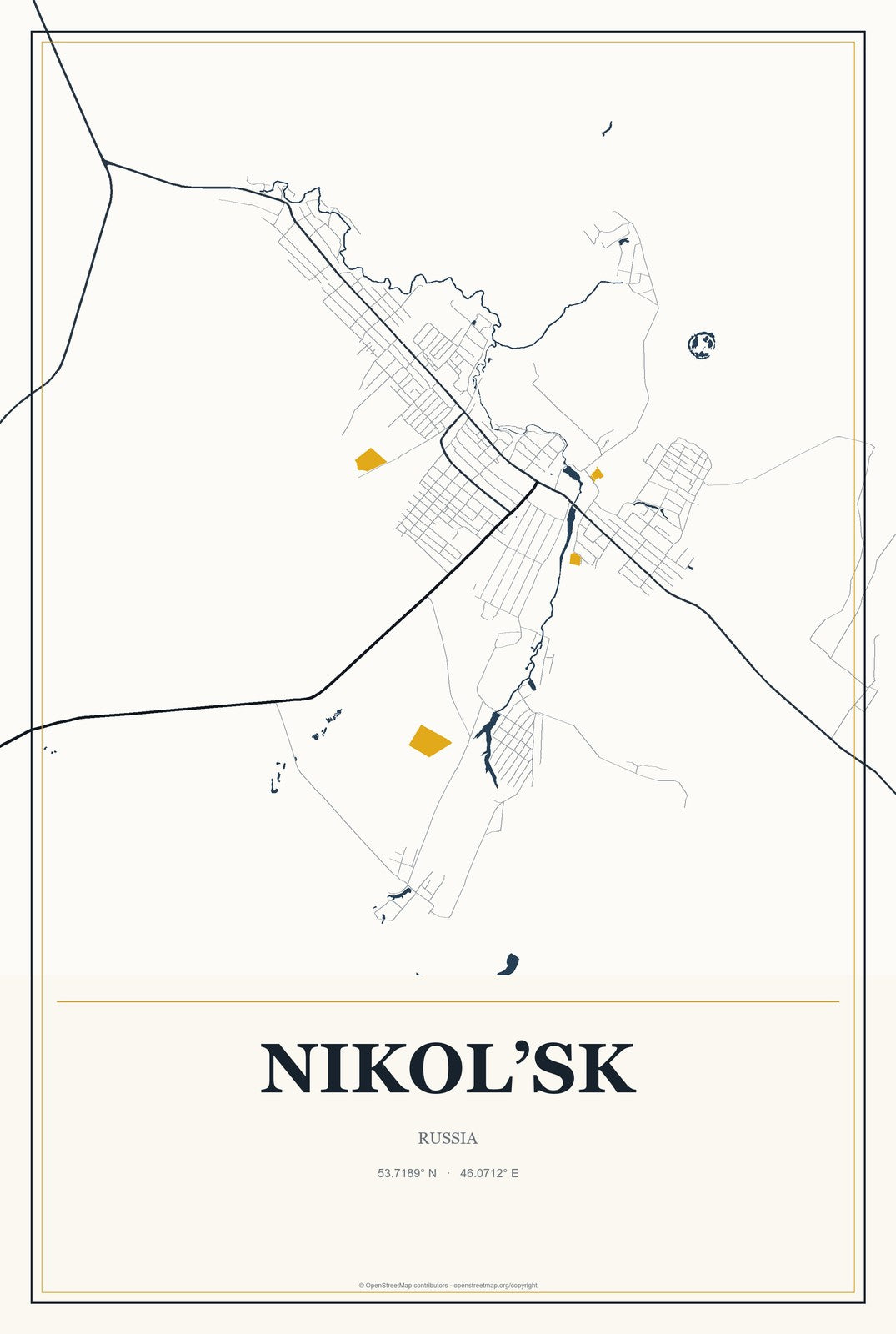 Nikol’sk, Russia City Map Aluminum Sign in Citrine Modern style