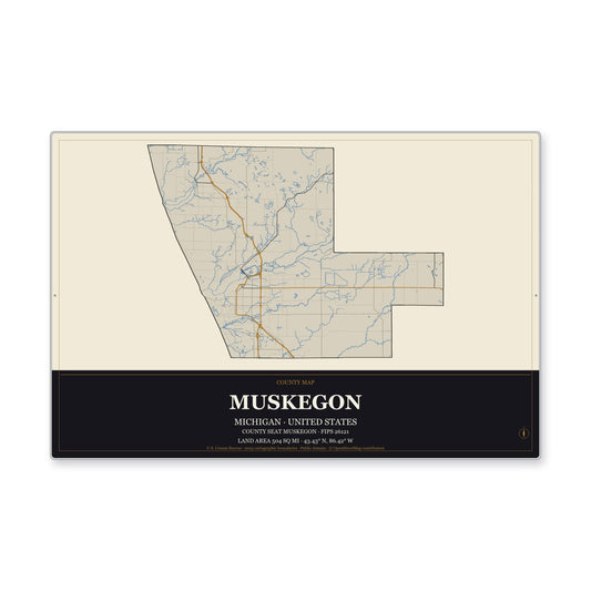 Muskegon County, Michigan Map Aluminum Sign in Museum Plaque style