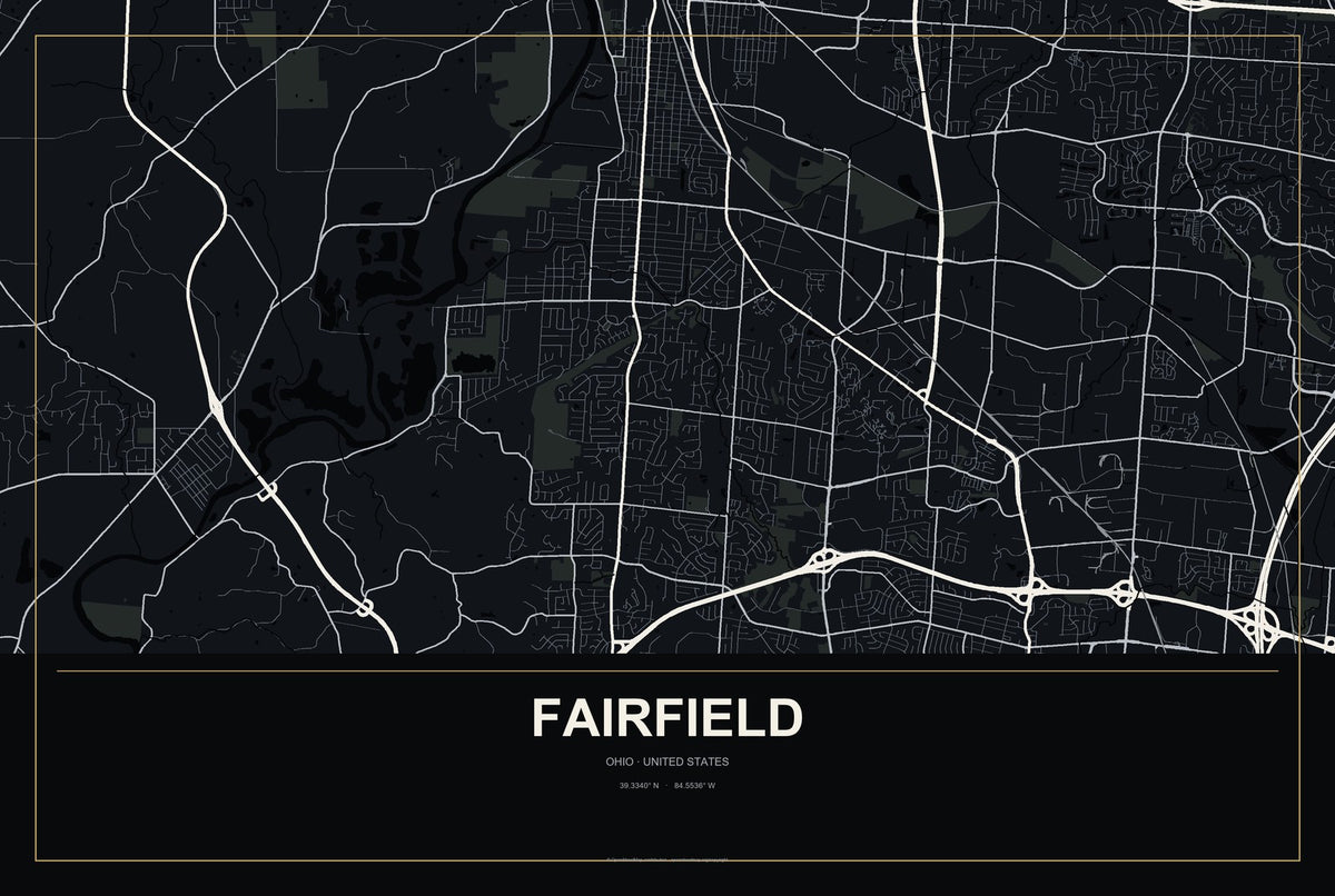 Fairfield, Ohio City Map Aluminum Sign in Metropolitan Noir style